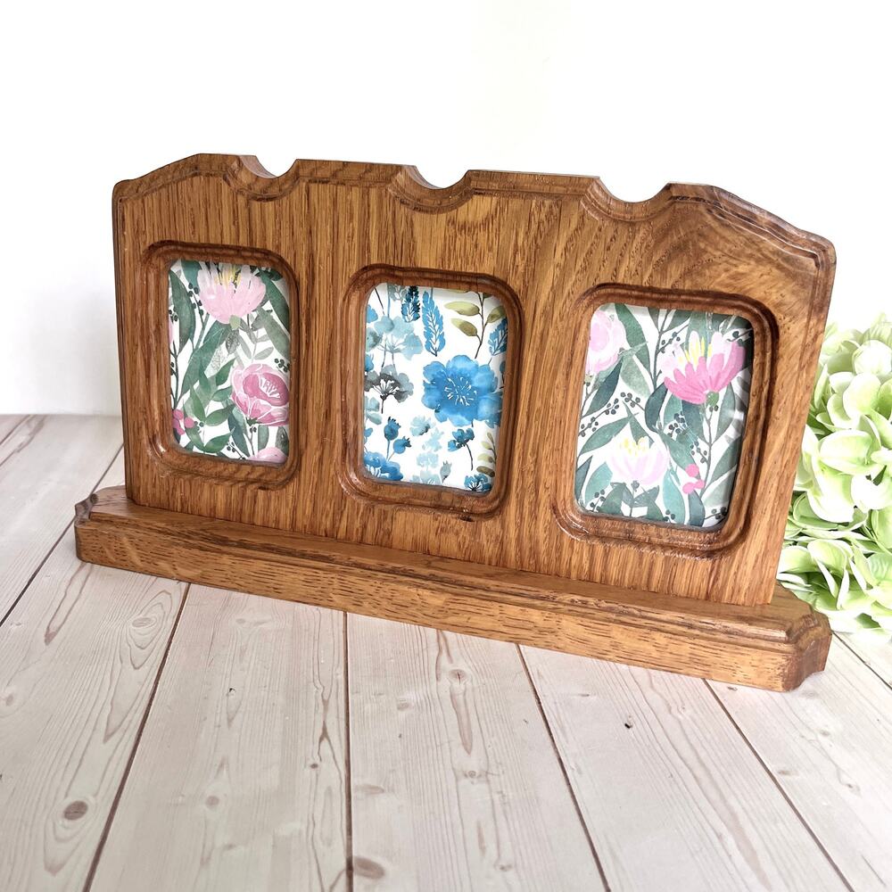 Vintage Triple-Opening Carved Oak Wood Desk Tabletop Photo Frame 2.25x3" Opening